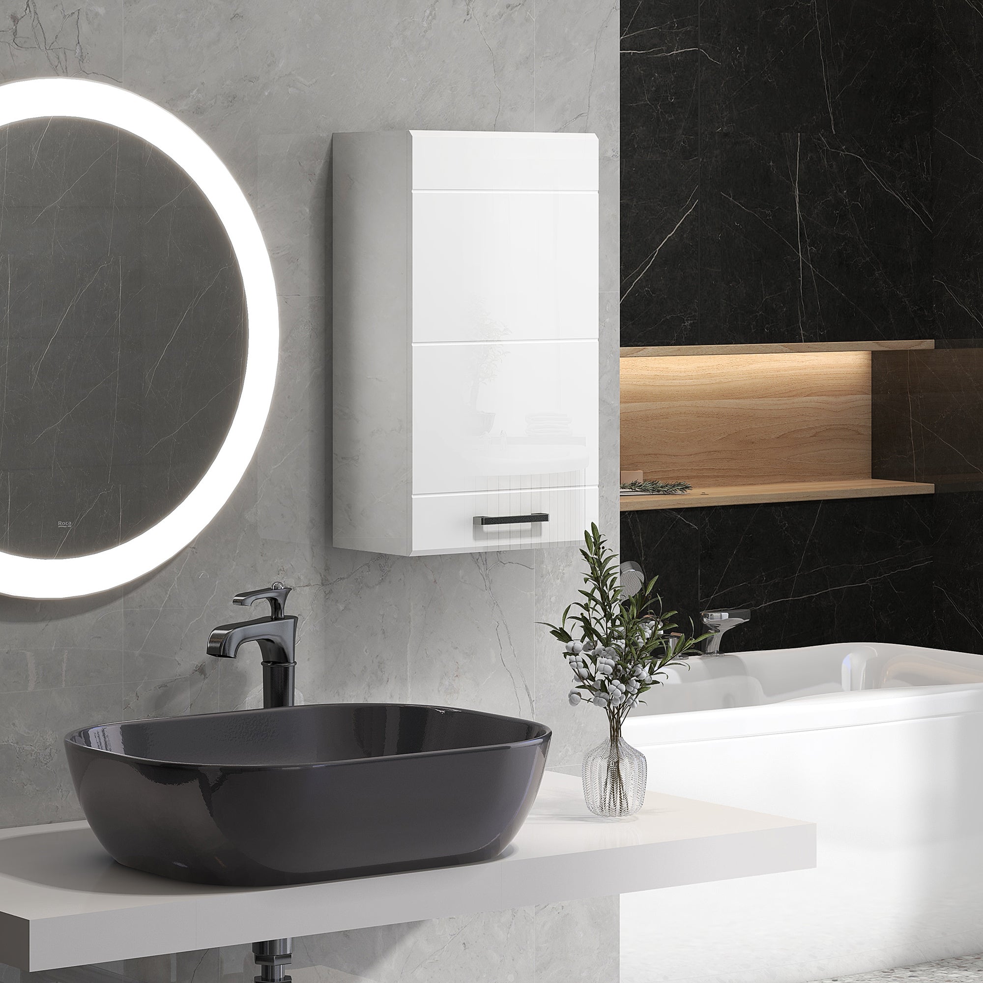 Wall-mounted bathroom cabinet, toilet storage cabinet 3 levels, adjustable shelf, 1 door, modern, suspended cabinet, 37 x 22.5 x 70 cm, glossy white