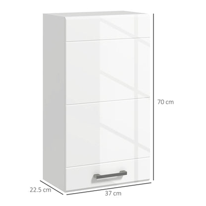 Wall-mounted bathroom cabinet, toilet storage cabinet 3 levels, adjustable shelf, 1 door, modern, suspended cabinet, 37 x 22.5 x 70 cm, glossy white