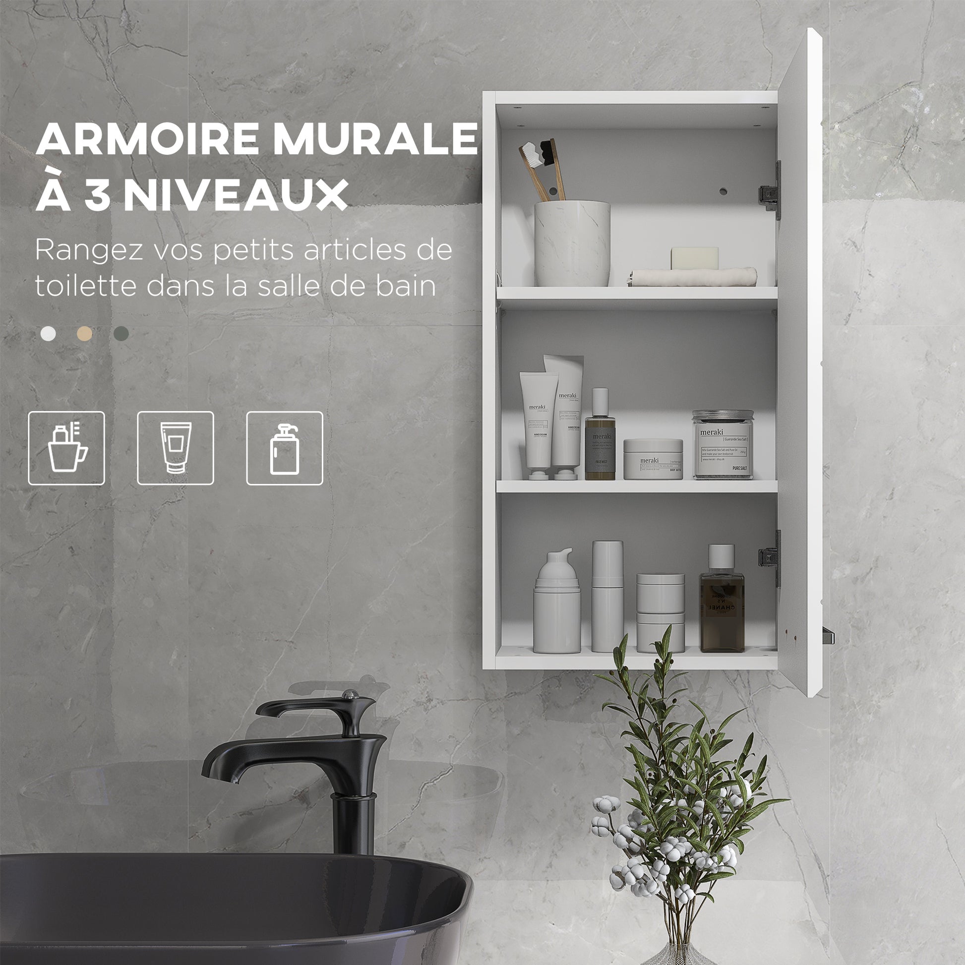 Wall-mounted bathroom cabinet, toilet storage cabinet 3 levels, adjustable shelf, 1 door, modern, suspended cabinet, 37 x 22.5 x 70 cm, glossy white