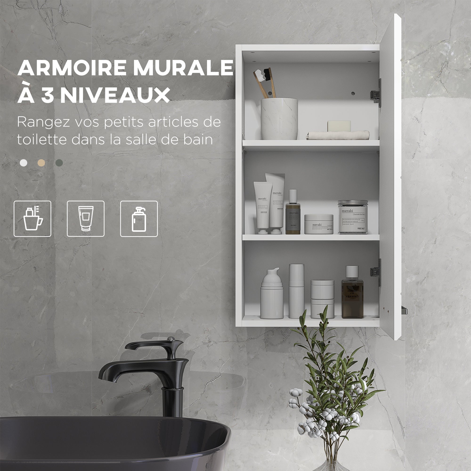 Wall-mounted bathroom cabinet, toilet storage cabinet 3 levels, adjustable shelf, 1 door, modern, suspended cabinet, 37 x 22.5 x 70 cm, glossy white