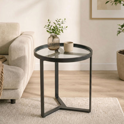 Round Glass Side Table with Geometric Metal Frame, Modern Accent Table for Small Spaces, Living Room & Bedroom, Black
