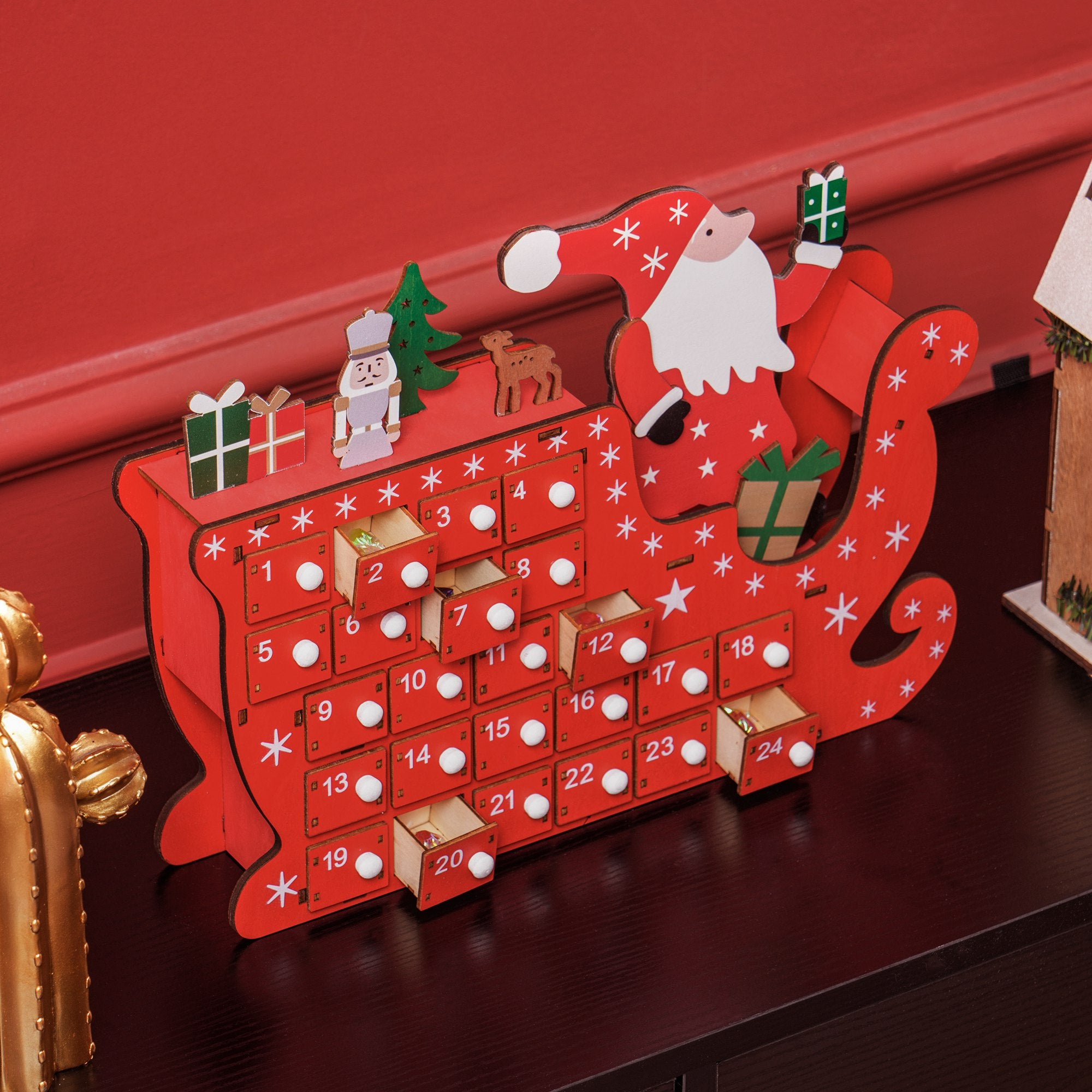 Fillable Advent Calendar 24 Drawers Christmas Calendar Advent Calendar Box Christmas Decoration DIY MDF Board Red 22.5 x 8 x 36 cm