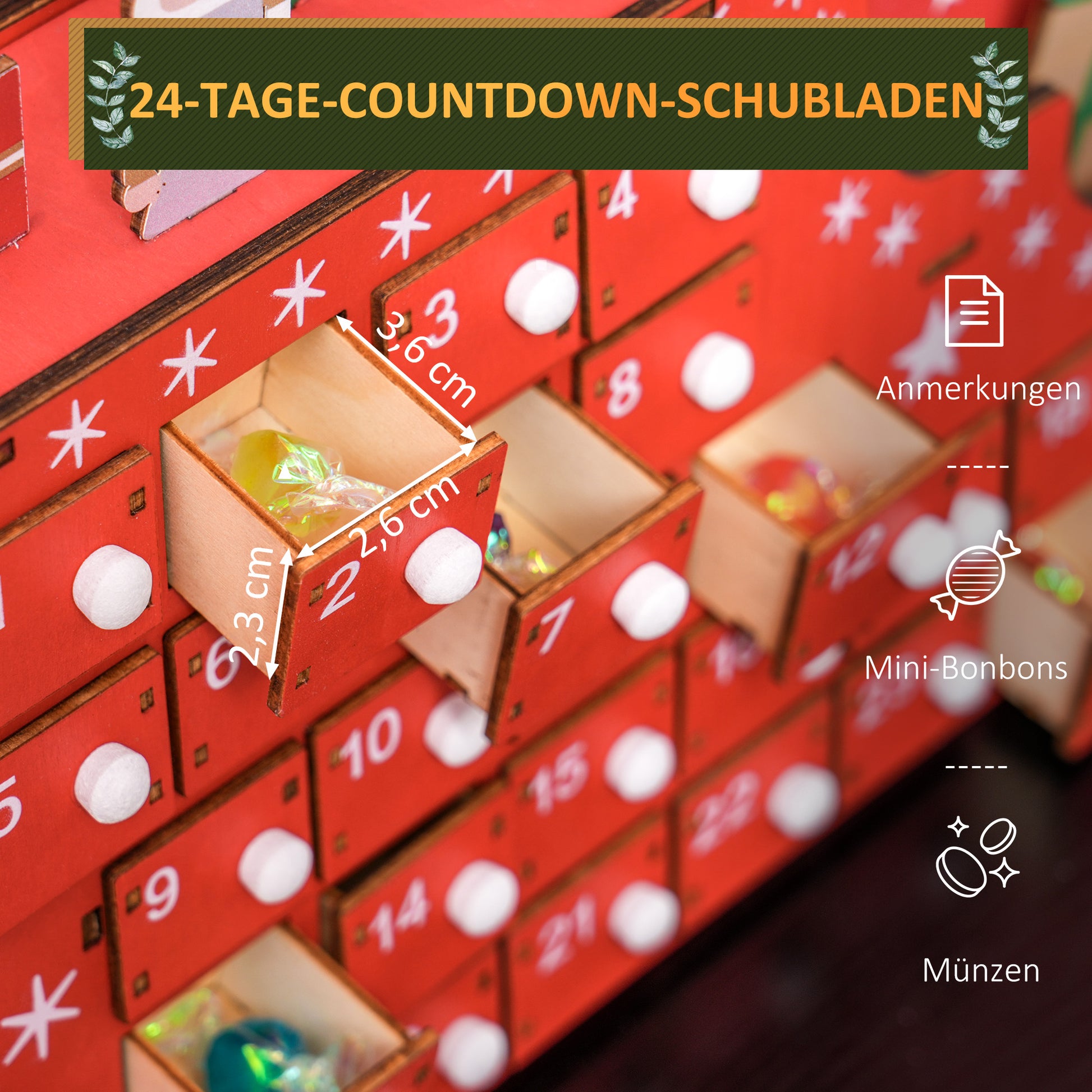 Fillable Advent Calendar 24 Drawers Christmas Calendar Advent Calendar Box Christmas Decoration DIY MDF Board Red 22.5 x 8 x 36 cm
