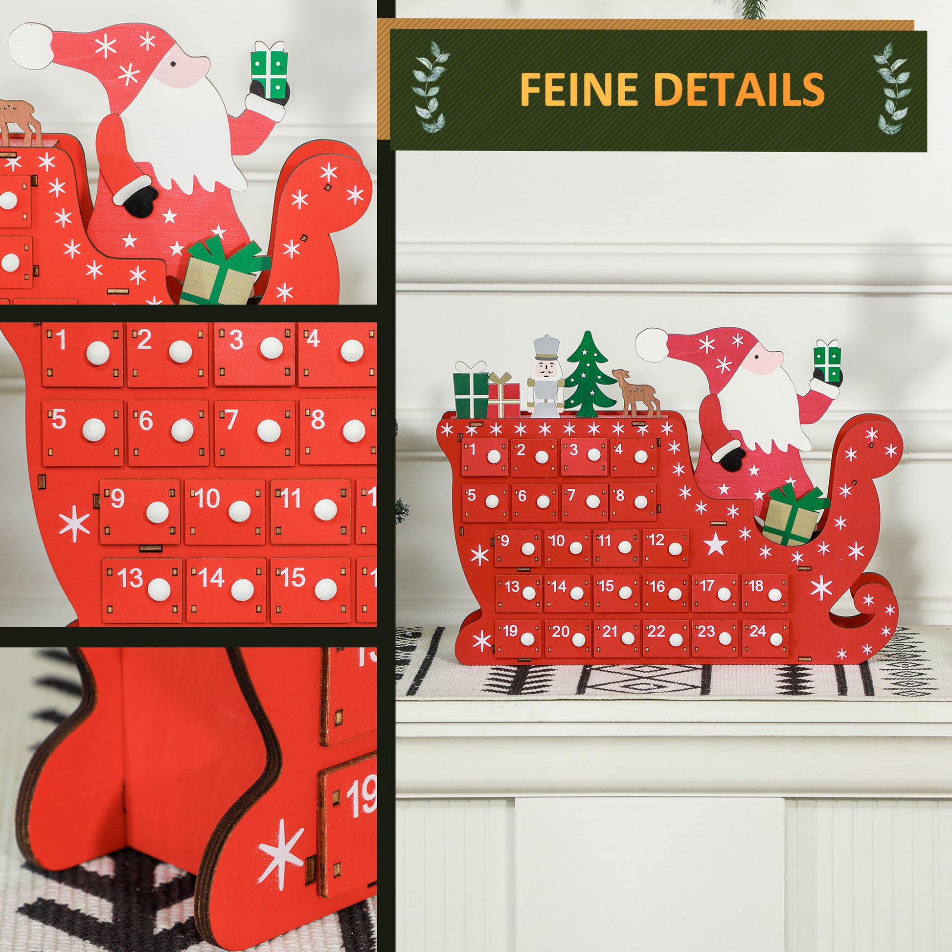Fillable Advent Calendar 24 Drawers Christmas Calendar Advent Calendar Box Christmas Decoration DIY MDF Board Red 22.5 x 8 x 36 cm