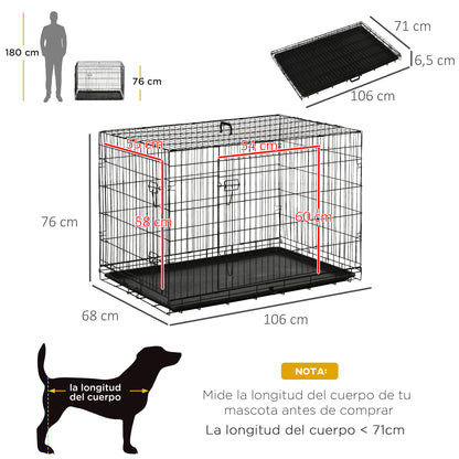 Foldable Dog Cage Dog Carrier with 2 Doors Removable Tray and Transport Handle 106x68x76 cm Black