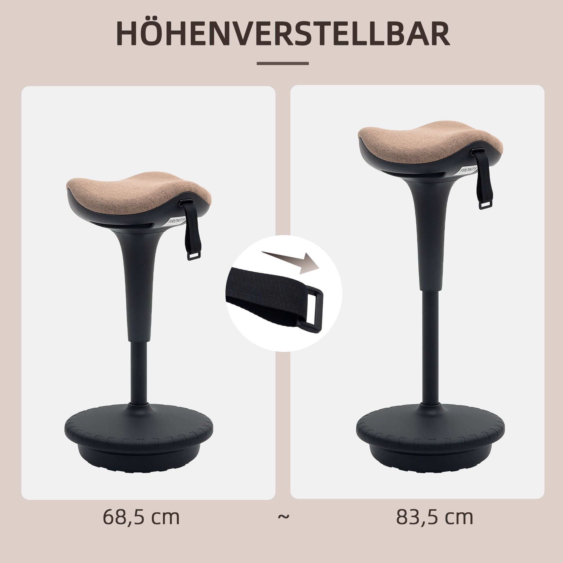 Office Stool with Swivel Function, Ergonomic Stool, Work Stool, Height Adjustable 68.5-83.5 cm Seat Stool Large Base, 360° Rotatable Standing Stool, Anti-Slip for Office and Study Room, Brown