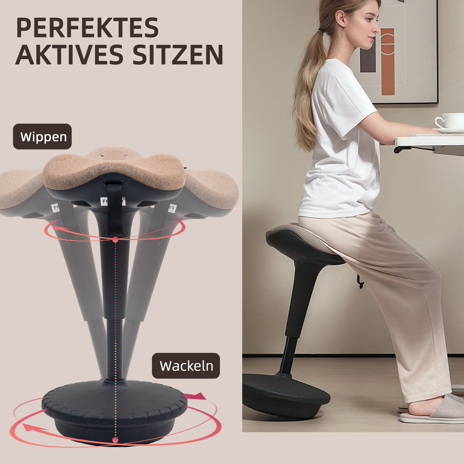 Office Stool with Swivel Function, Ergonomic Stool, Work Stool, Height Adjustable 68.5-83.5 cm Seat Stool Large Base, 360° Rotatable Standing Stool, Anti-Slip for Office and Study Room, Brown