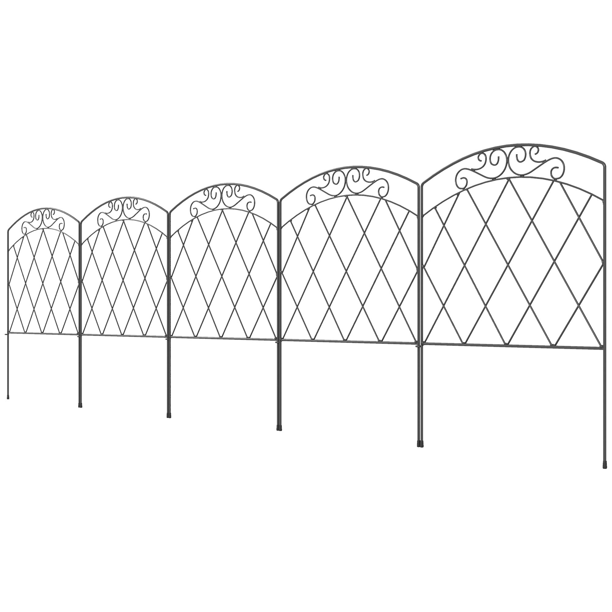 Set of 5 decorative garden fences, black metal borders with ornaments for flower beds - 305 x 80 cm black