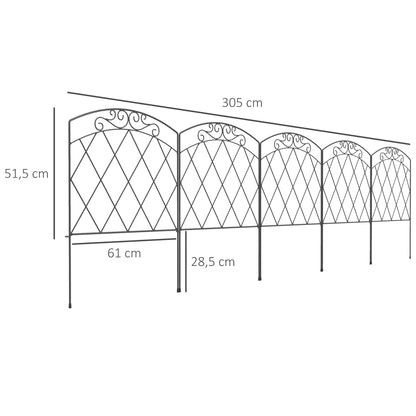Set of 5 decorative garden fences, black metal borders with ornaments for flower beds - 305 x 80 cm black