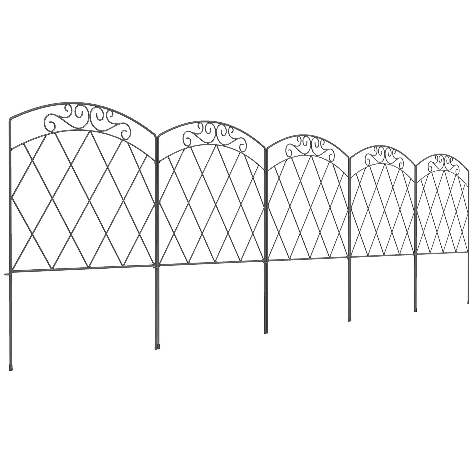 Set of 5 decorative garden fences, black metal borders with ornaments for flower beds - 305 x 80 cm black