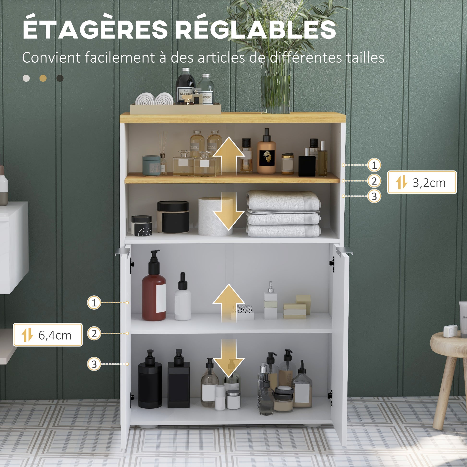 Bathroom Storage Cabinet with 2 Doors and 2 Open Compartments dim. 60W x 30D x 102H cm, white and natural