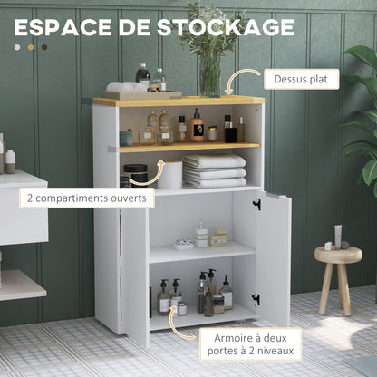 Bathroom Storage Cabinet with 2 Doors and 2 Open Compartments dim. 60W x 30D x 102H cm, white and natural