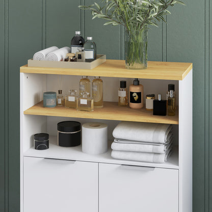 Bathroom Storage Cabinet with 2 Doors and 2 Open Compartments dim. 60W x 30D x 102H cm, white and natural