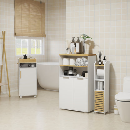 Bathroom Storage Cabinet with 2 Doors and 2 Open Compartments dim. 60W x 30D x 102H cm, white and natural
