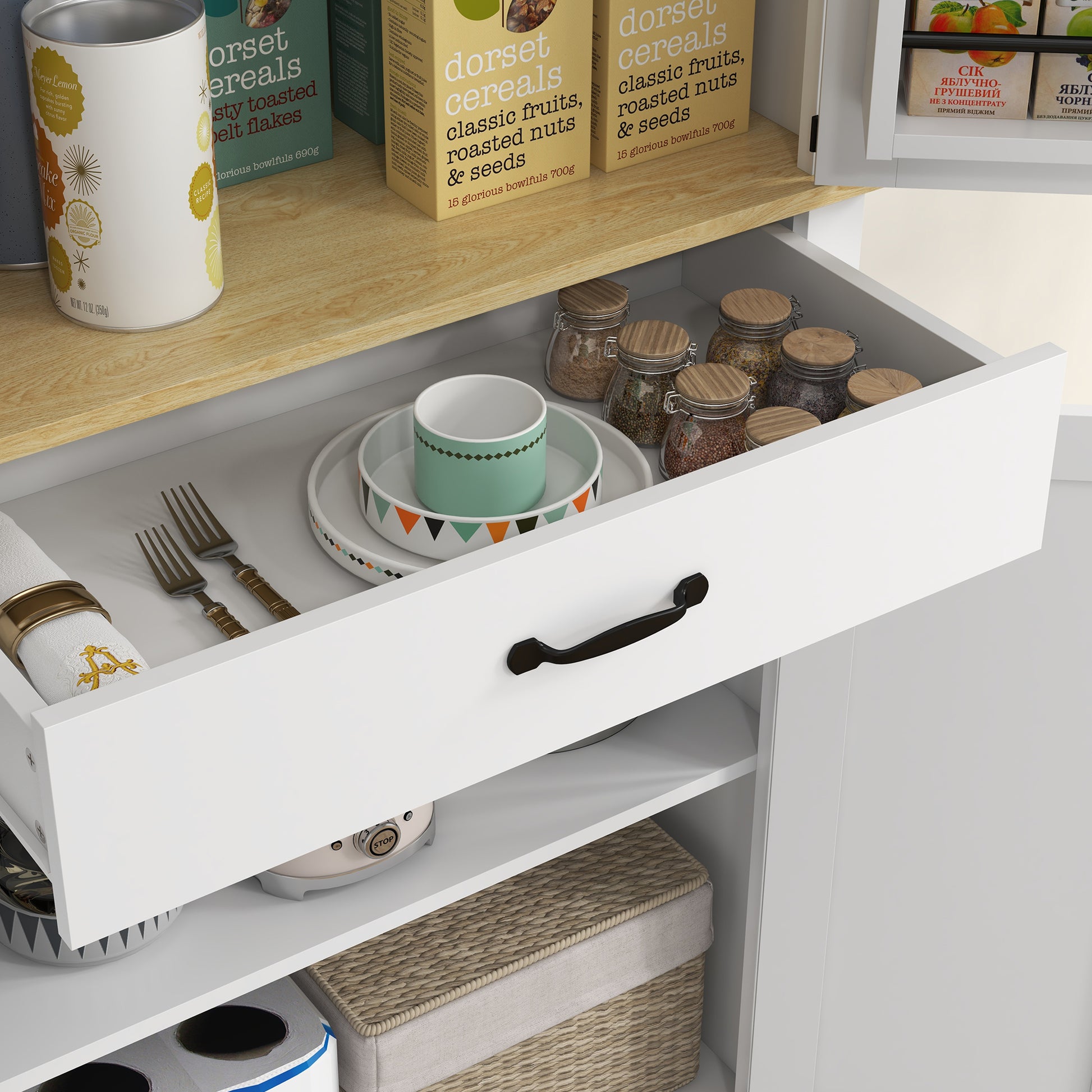 Kitchen Cabinet Buffet Kitchen Dresser Storage Unit, with 4 Doors, 6 Shelves, 1 Drawer and Adjustable Shelves, Multi-storage, 76.5 x 40 x 181 cm, White