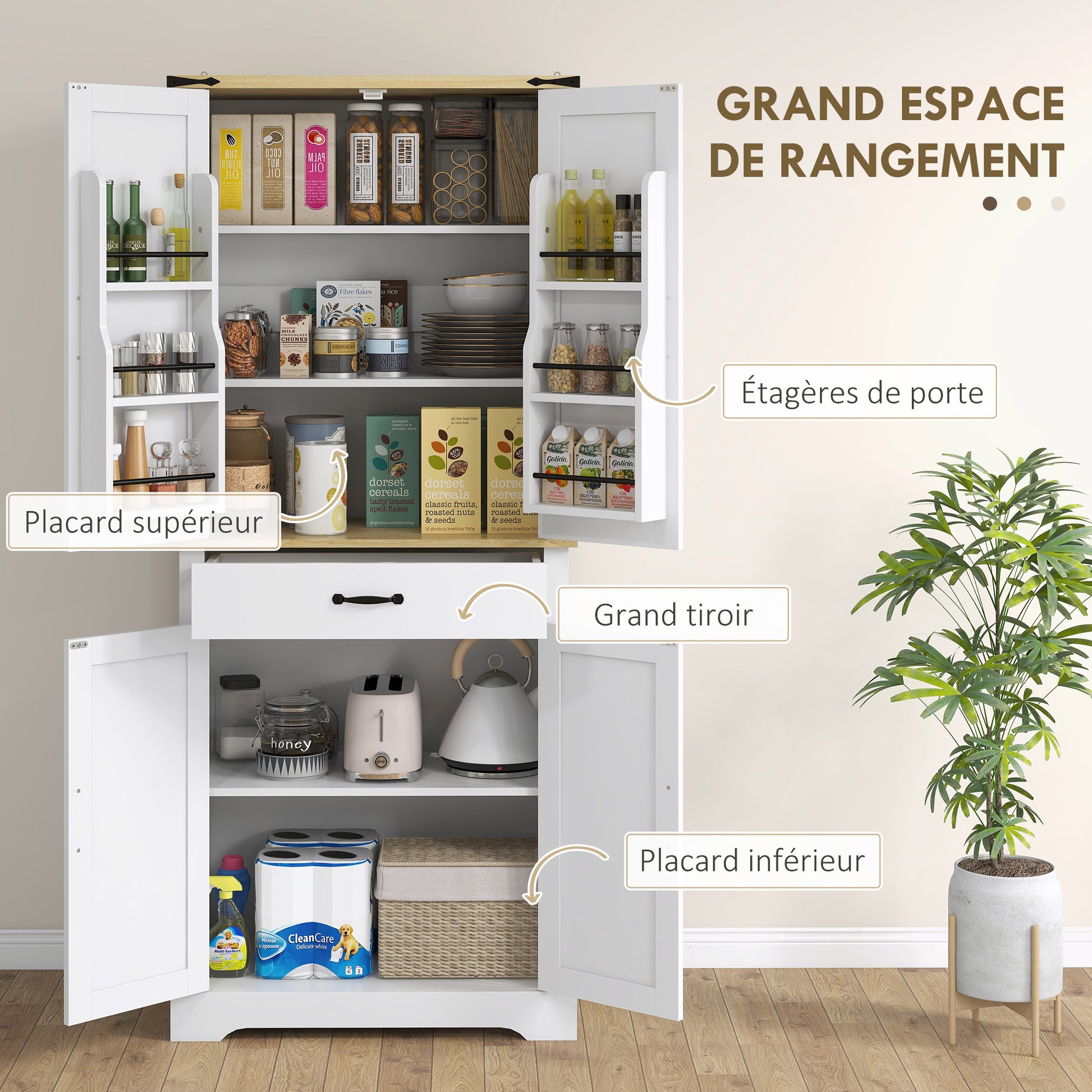 Kitchen Cabinet Buffet Kitchen Dresser Storage Unit, with 4 Doors, 6 Shelves, 1 Drawer and Adjustable Shelves, Multi-storage, 76.5 x 40 x 181 cm, White