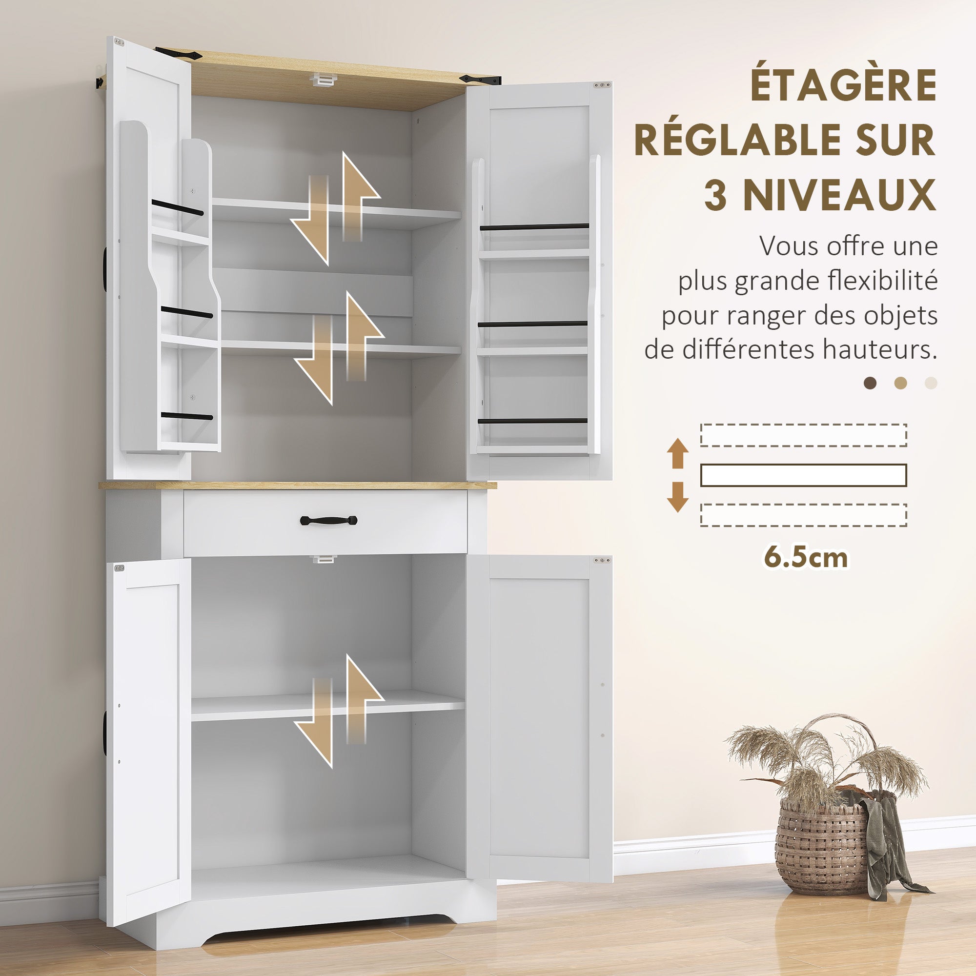 Kitchen Cabinet Buffet Kitchen Dresser Storage Unit, with 4 Doors, 6 Shelves, 1 Drawer and Adjustable Shelves, Multi-storage, 76.5 x 40 x 181 cm, White