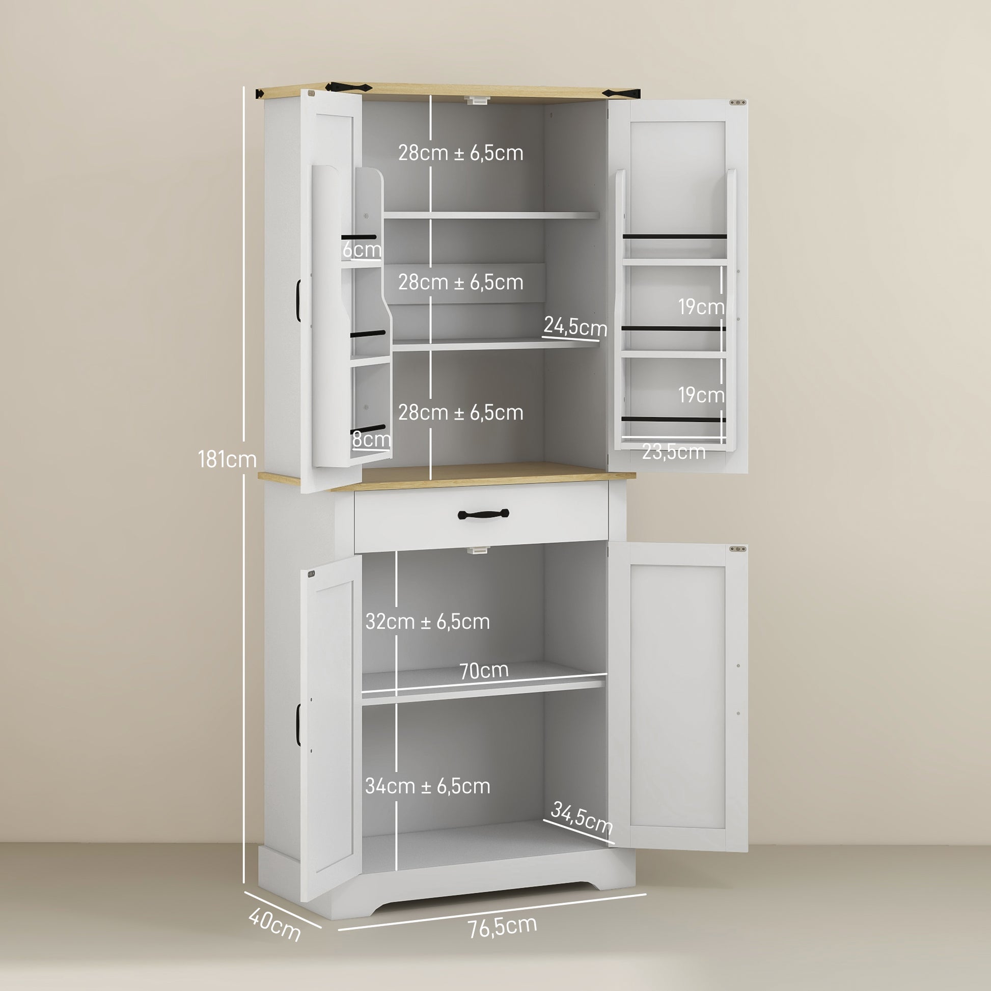 Kitchen Cabinet Buffet Kitchen Dresser Storage Unit, with 4 Doors, 6 Shelves, 1 Drawer and Adjustable Shelves, Multi-storage, 76.5 x 40 x 181 cm, White