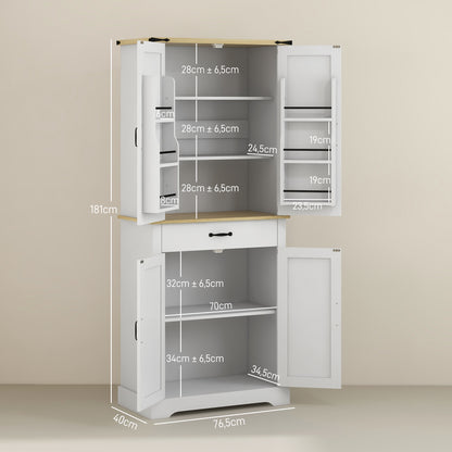 Kitchen Cabinet Buffet Kitchen Dresser Storage Unit, with 4 Doors, 6 Shelves, 1 Drawer and Adjustable Shelves, Multi-storage, 76.5 x 40 x 181 cm, White