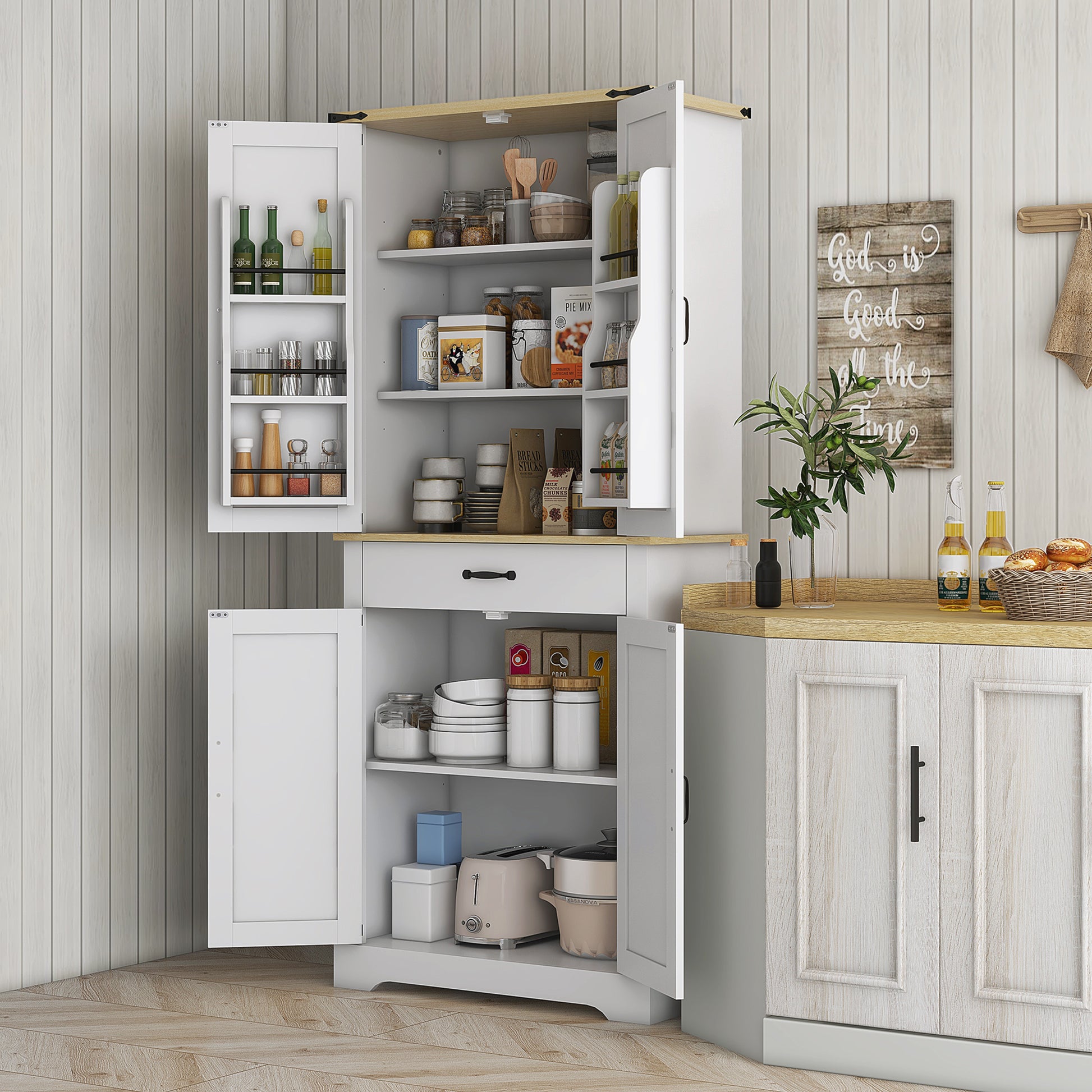 Kitchen Cabinet Buffet Kitchen Dresser Storage Unit, with 4 Doors, 6 Shelves, 1 Drawer and Adjustable Shelves, Multi-storage, 76.5 x 40 x 181 cm, White