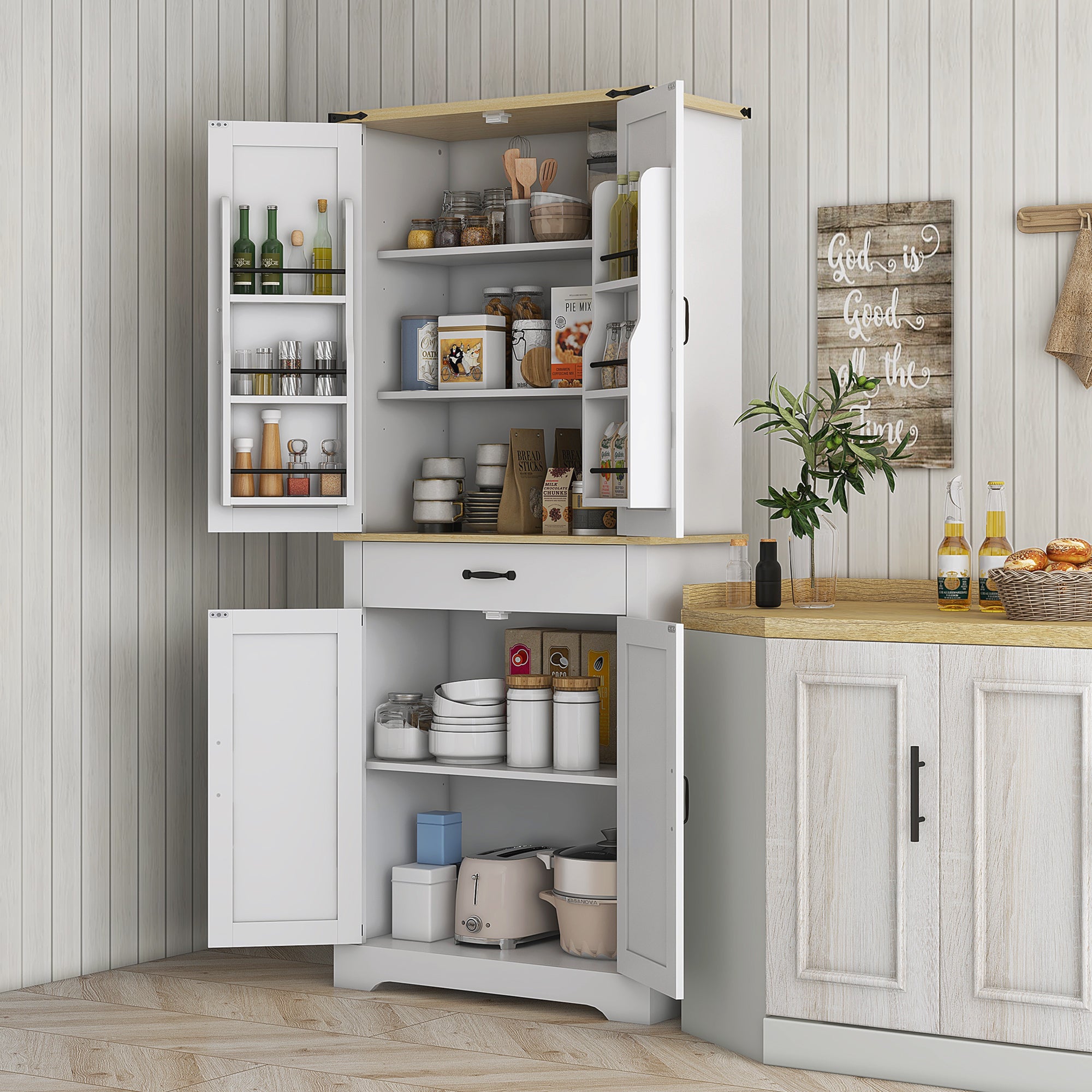 Kitchen Cabinet Buffet Kitchen Dresser Storage Unit, with 4 Doors, 6 Shelves, 1 Drawer and Adjustable Shelves, Multi-storage, 76.5 x 40 x 181 cm, White
