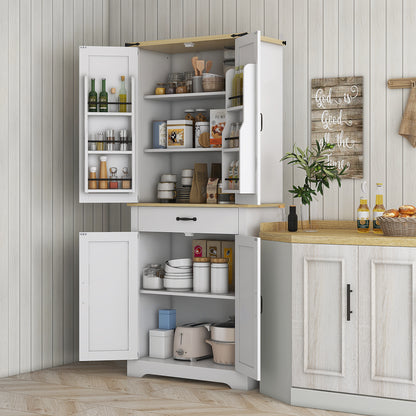 Kitchen Cabinet Buffet Kitchen Dresser Storage Unit, with 4 Doors, 6 Shelves, 1 Drawer and Adjustable Shelves, Multi-storage, 76.5 x 40 x 181 cm, White