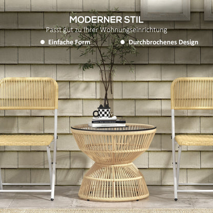 Rattan Side Table, Ø60 cm Coffee Table Garden Table with Tempered Glass Table Top, Balcony Table in Boho Design, Coffee Table for Garden, Balcony, Natural Wood