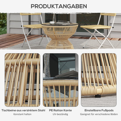 Rattan Side Table, Ø60 cm Coffee Table Garden Table with Tempered Glass Table Top, Balcony Table in Boho Design, Coffee Table for Garden, Balcony, Natural Wood