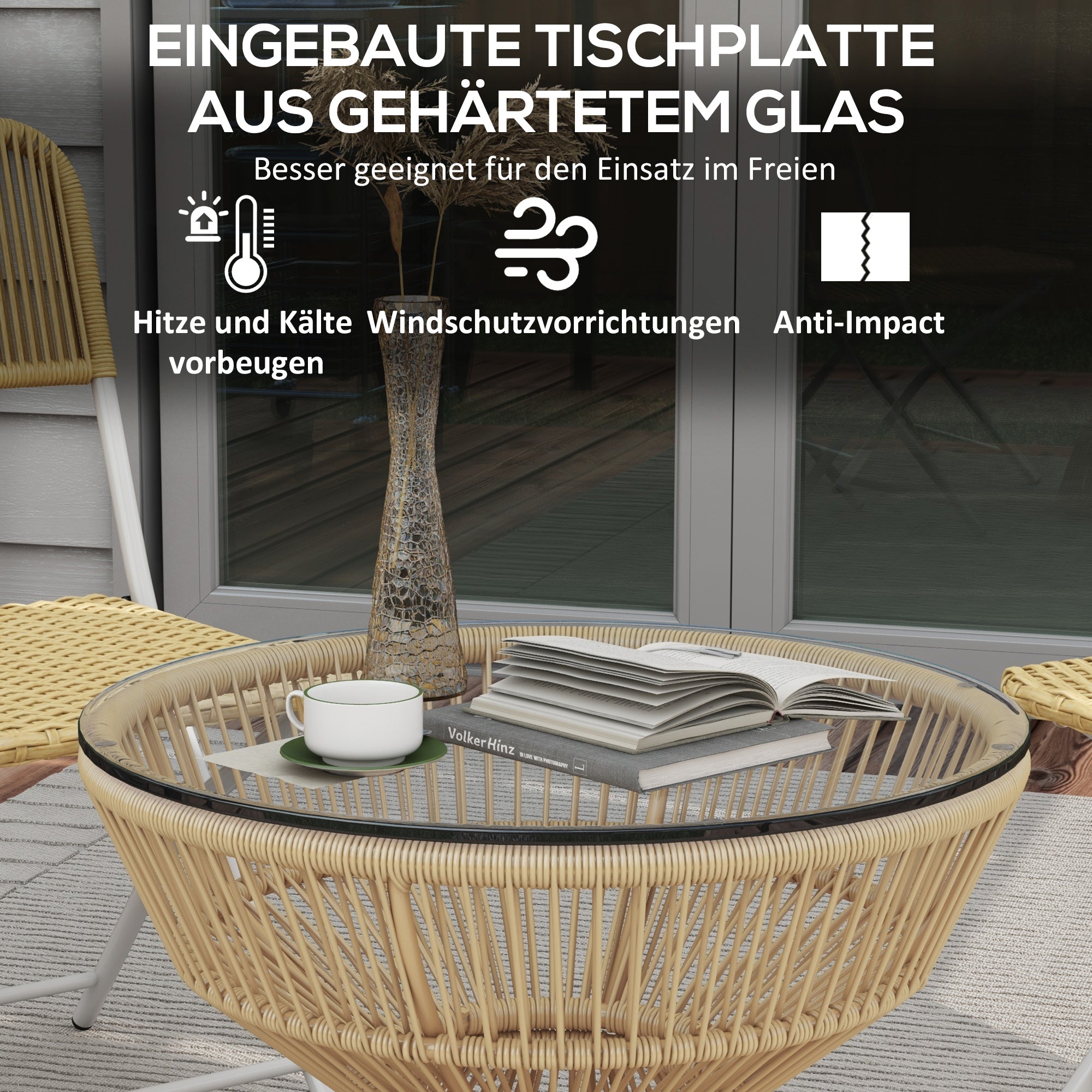 Rattan Side Table, Ø60 cm Coffee Table Garden Table with Tempered Glass Table Top, Balcony Table in Boho Design, Coffee Table for Garden, Balcony, Natural Wood