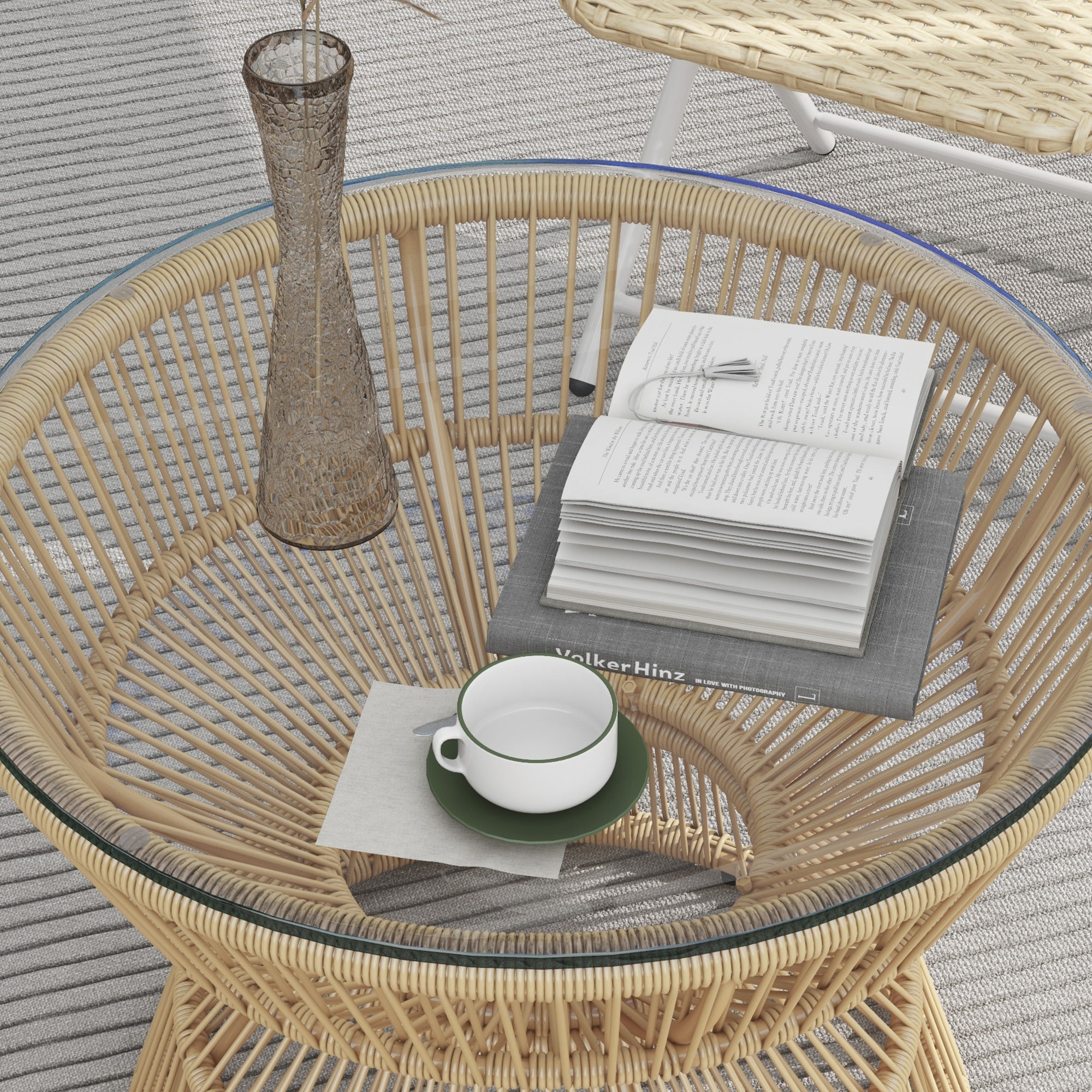Rattan Side Table, Ø60 cm Coffee Table Garden Table with Tempered Glass Table Top, Balcony Table in Boho Design, Coffee Table for Garden, Balcony, Natural Wood