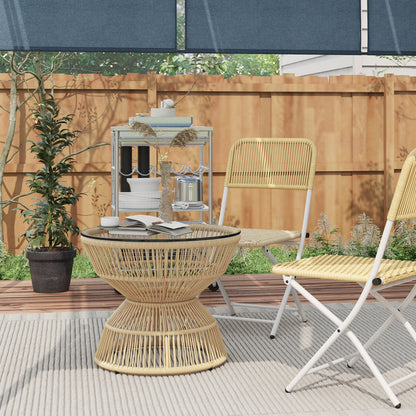Rattan Side Table, Ø60 cm Coffee Table Garden Table with Tempered Glass Table Top, Balcony Table in Boho Design, Coffee Table for Garden, Balcony, Natural Wood