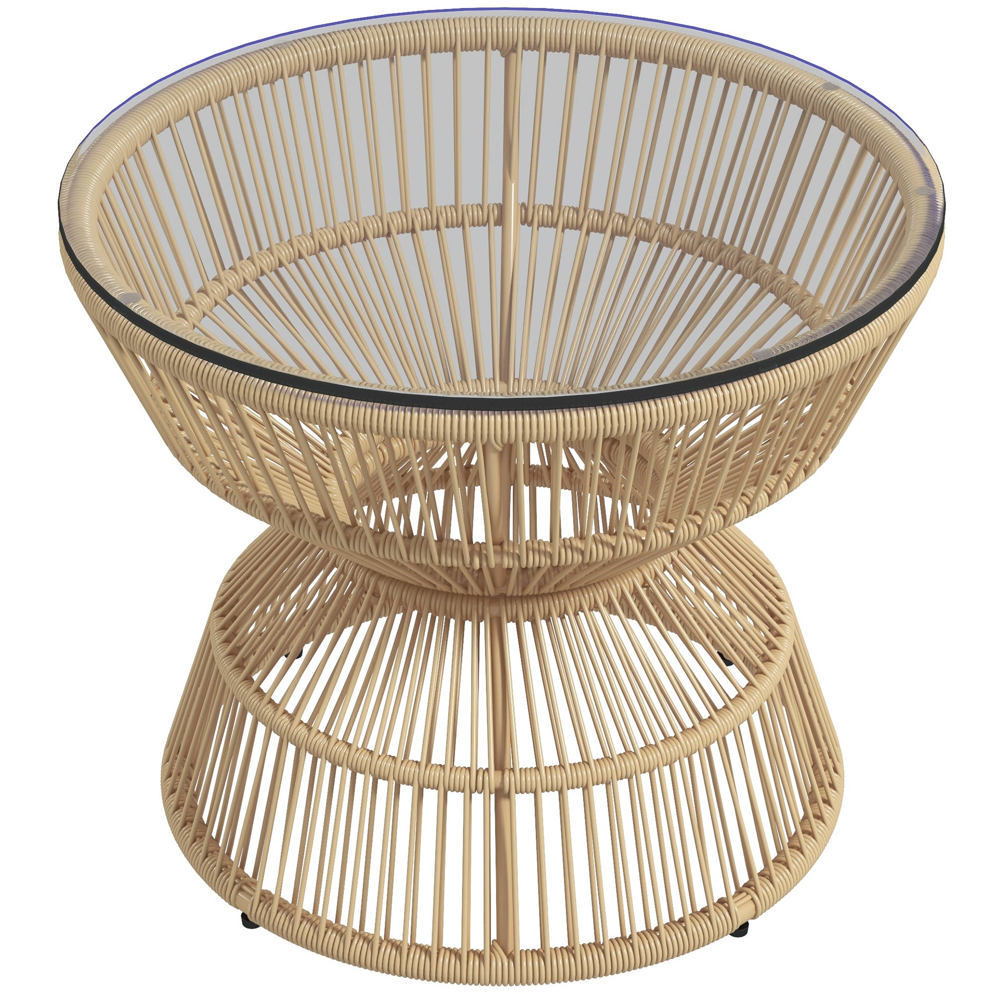 Rattan Side Table, Ø60 cm Coffee Table Garden Table with Tempered Glass Table Top, Balcony Table in Boho Design, Coffee Table for Garden, Balcony, Natural Wood