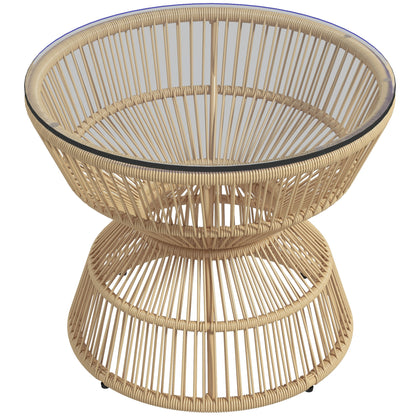 Rattan Side Table, Ø60 cm Coffee Table Garden Table with Tempered Glass Table Top, Balcony Table in Boho Design, Coffee Table for Garden, Balcony, Natural Wood