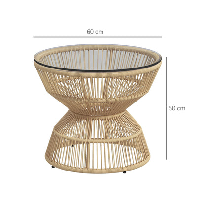Rattan Side Table, Ø60 cm Coffee Table Garden Table with Tempered Glass Table Top, Balcony Table in Boho Design, Coffee Table for Garden, Balcony, Natural Wood