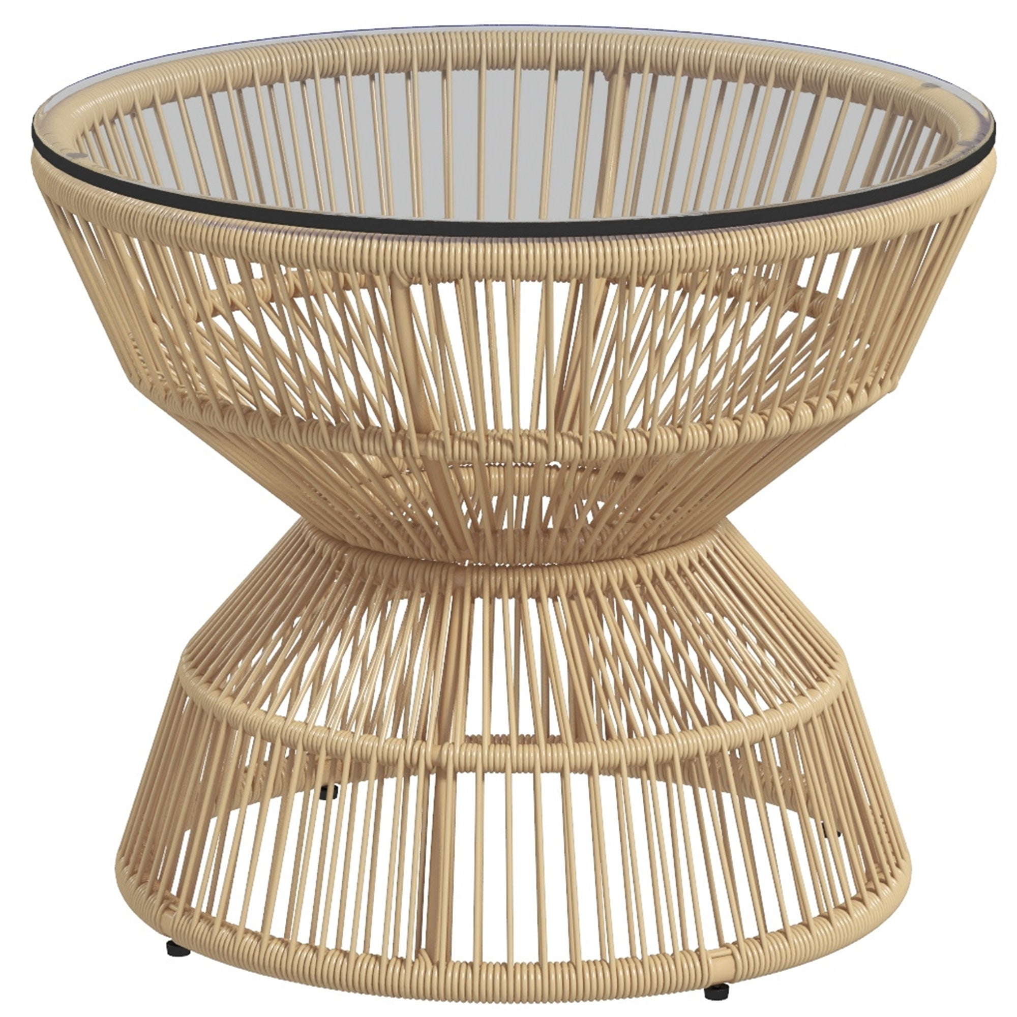Rattan Side Table, Ø60 cm Coffee Table Garden Table with Tempered Glass Table Top, Balcony Table in Boho Design, Coffee Table for Garden, Balcony, Natural Wood