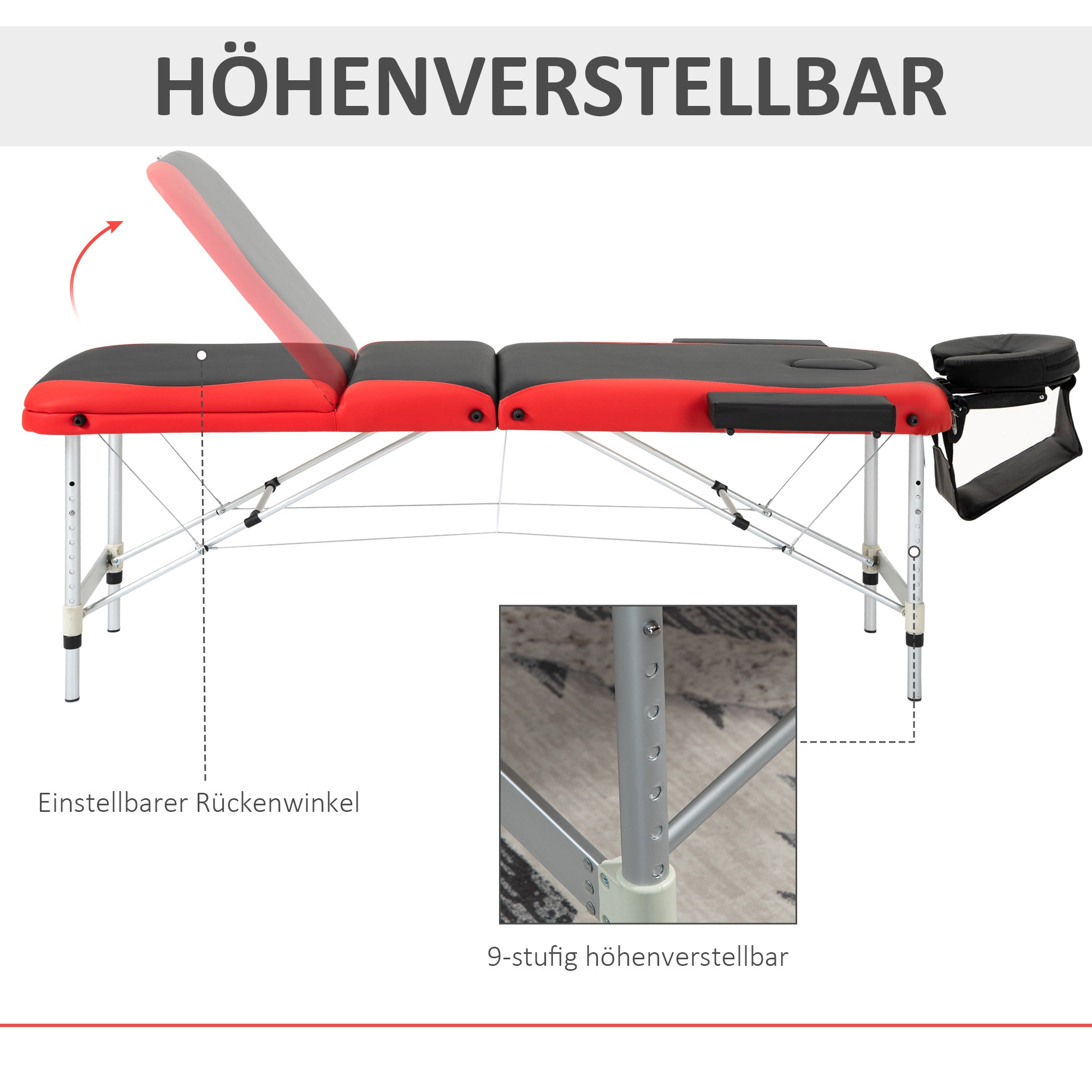 Folding Massage Tables Adjustable Height Beauty Beds Portable Massage Table Massage Bed Aluminum Foam PVC Leather Plastic Black+Red 215 x 81 x 61-84 cm
