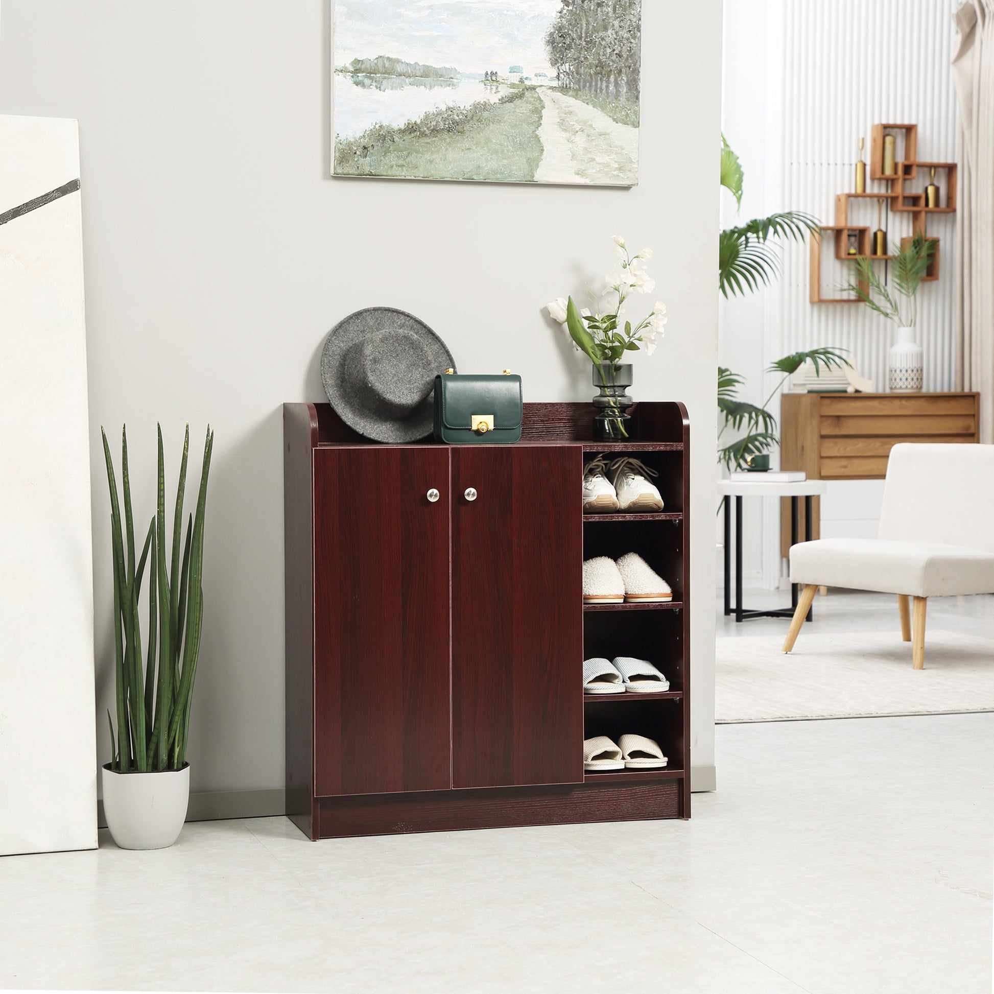 Shoe Cabinet Space Saving and Modern Wood Shoe Rack for 12 Pairs of Shoes with 4 Open Shelves, 83x30x90 cm, Coffee Color