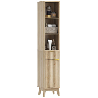 Narrow Bathroom Cabinet 33x30x170 cm with Fluted Door Drawer 3 Open Compartments and Adjustable Shelves Natural Wood