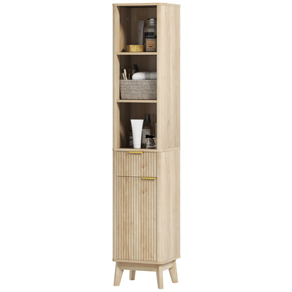 Narrow Bathroom Cabinet 33x30x170 cm with Fluted Door Drawer 3 Open Compartments and Adjustable Shelves Natural Wood