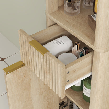 Narrow Bathroom Cabinet 33x30x170 cm with Fluted Door Drawer 3 Open Compartments and Adjustable Shelves Natural Wood