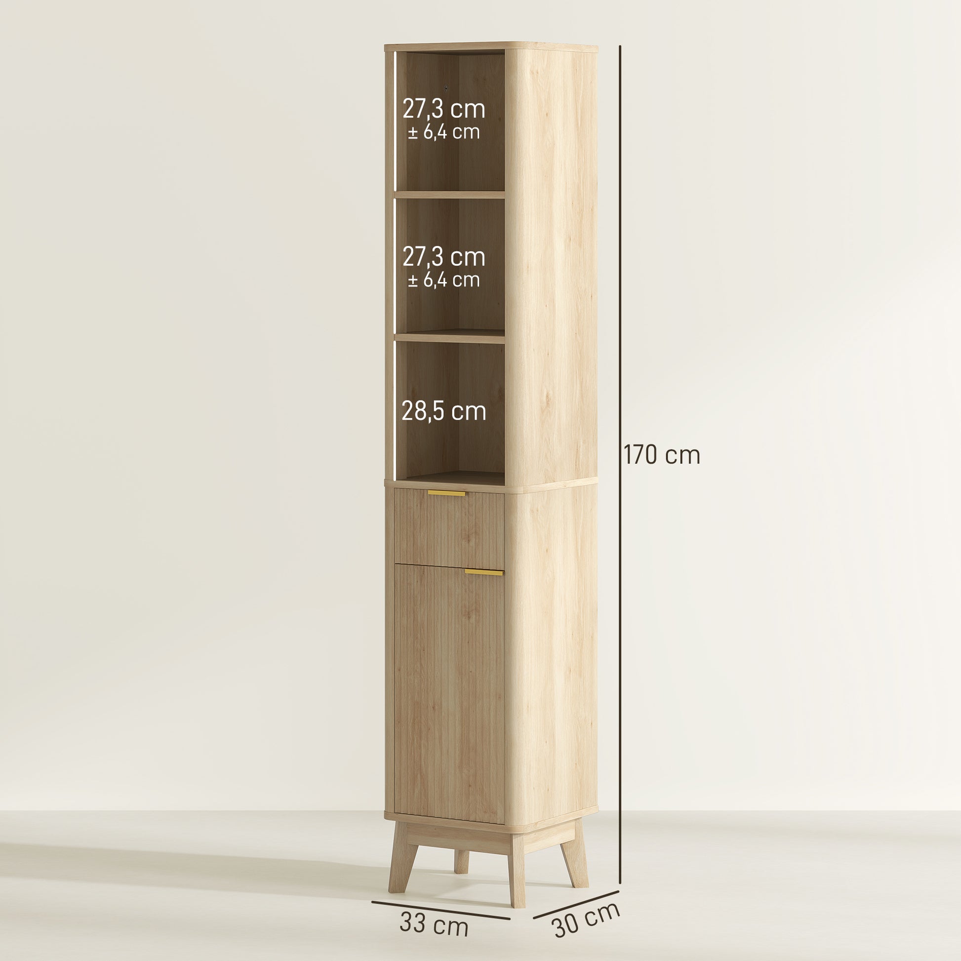 Narrow Bathroom Cabinet 33x30x170 cm with Fluted Door Drawer 3 Open Compartments and Adjustable Shelves Natural Wood