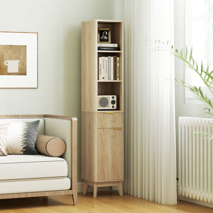 Narrow Bathroom Cabinet 33x30x170 cm with Fluted Door Drawer 3 Open Compartments and Adjustable Shelves Natural Wood