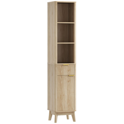 Narrow Bathroom Cabinet 33x30x170 cm with Fluted Door Drawer 3 Open Compartments and Adjustable Shelves Natural Wood