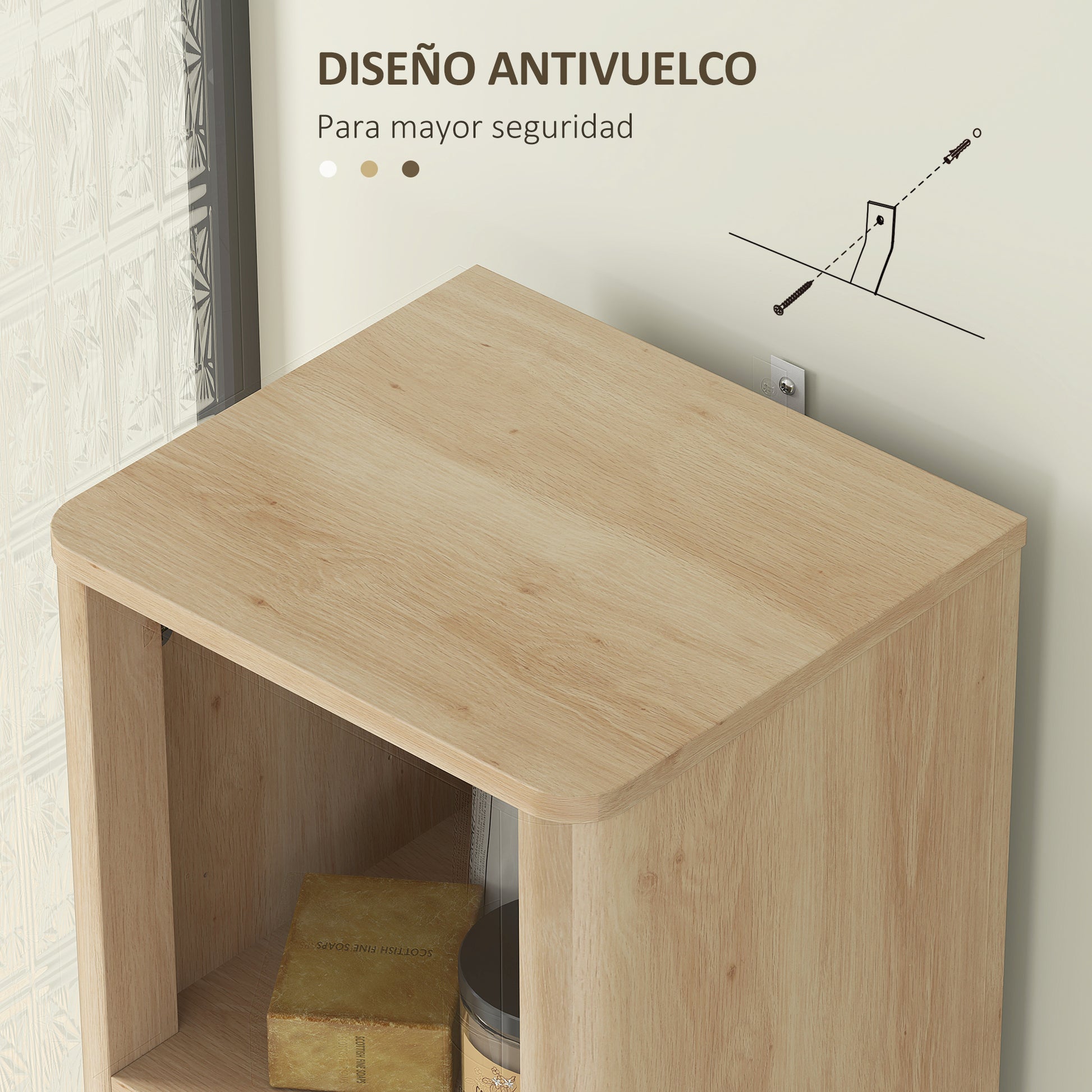 Narrow Bathroom Cabinet 33x30x170 cm with Fluted Door Drawer 3 Open Compartments and Adjustable Shelves Natural Wood