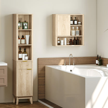 Narrow Bathroom Cabinet 33x30x170 cm with Fluted Door Drawer 3 Open Compartments and Adjustable Shelves Natural Wood