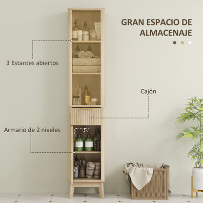 Narrow Bathroom Cabinet 33x30x170 cm with Fluted Door Drawer 3 Open Compartments and Adjustable Shelves Natural Wood