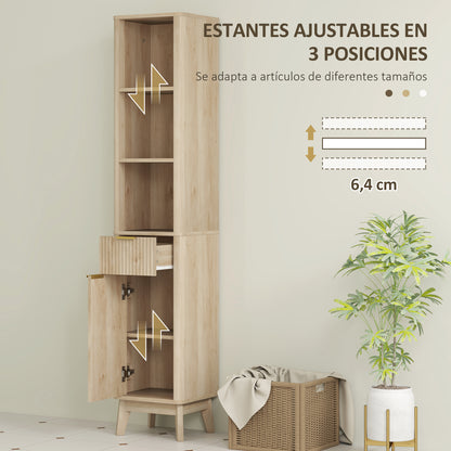 Narrow Bathroom Cabinet 33x30x170 cm with Fluted Door Drawer 3 Open Compartments and Adjustable Shelves Natural Wood