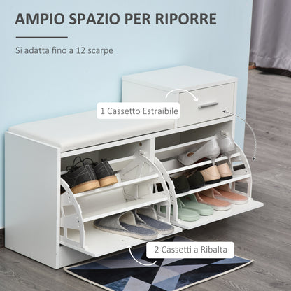 Modern Shoe Cabinet with Padded Bench for 12 Pairs of Shoes, Entryway Shoe Storage Cabinet, Wood, Stylish, Spacious, 94.5x57x30 cm, White