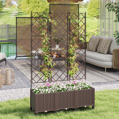 Raised Planter with Trellis, Large Outdoor Planter on Wheels for Climbing Plants, Drainage Holes & Plugs, Raised Garden Bed for Garden/Patio/Terrace, 120 x 40 x 192 cm, Brown