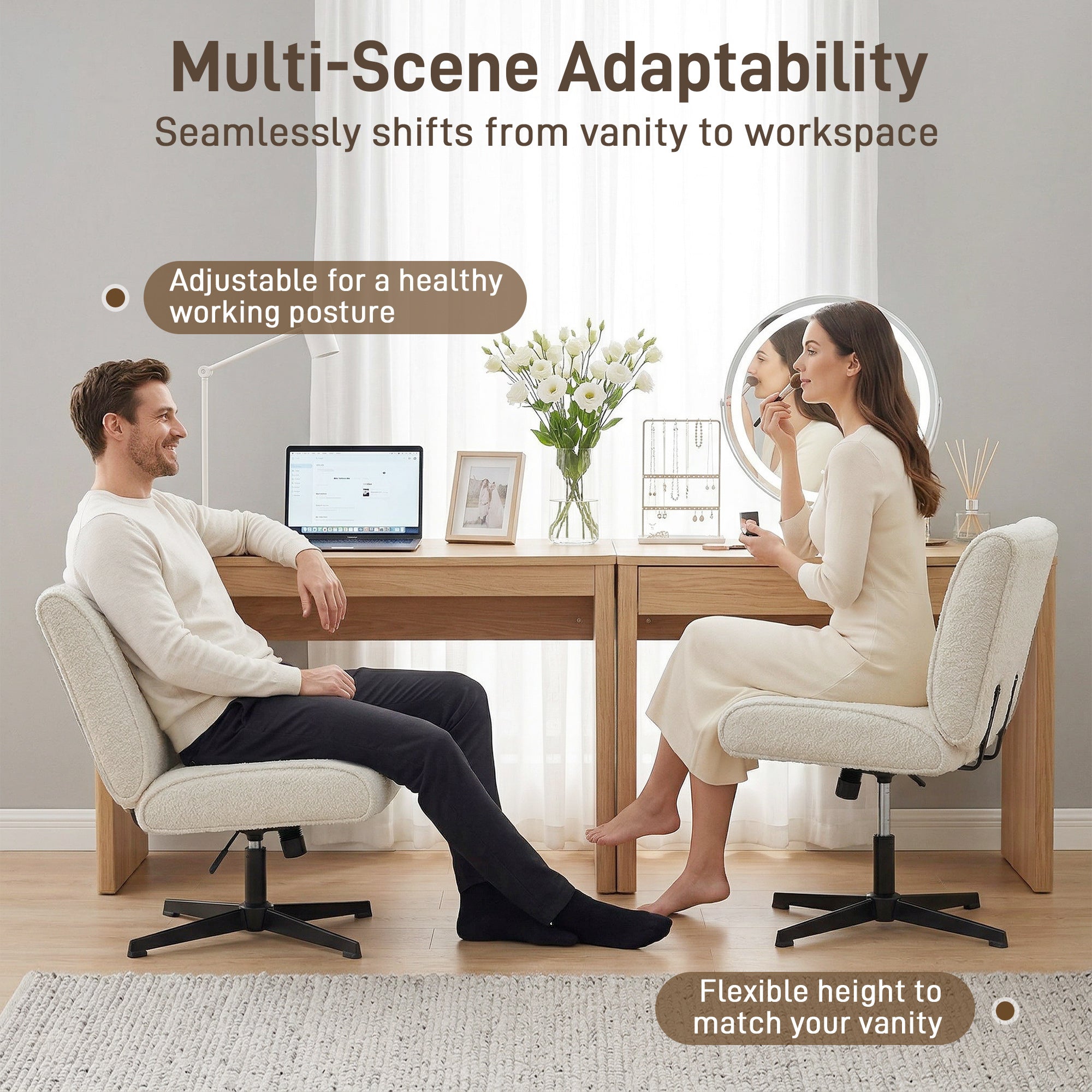 Velvet-Style Swivel Lounge Chair — Height-Adjustable Padded Reading Chair with Cross-Leg Steel Base, Cream White